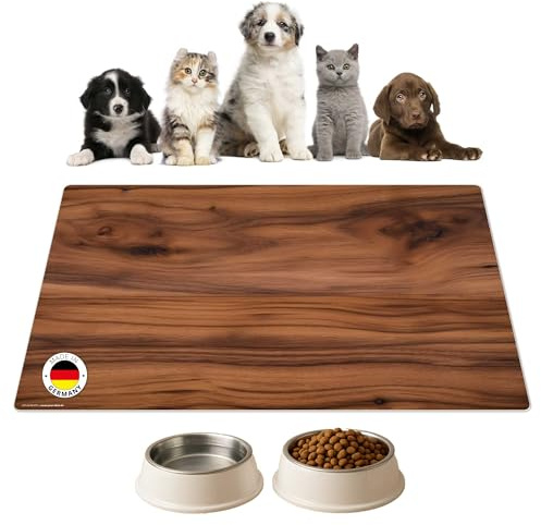 Napfunterlage | Futtermatte für Hunde und Katzen „Nussbaum Holz “ aus Premium Vinyl - 60x40 cm – rutschhemmend, abwaschbar, reißfest - Made in Germany