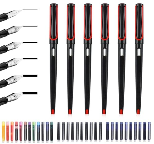 FYSL Calligraphy Set 6 Calligraphy Pens with Different Nibs and 32 Colored Ink Cartridges Kit Calligraphy Pen Set for Beginners Writing Drawing for Greeting Card Signature (Black)