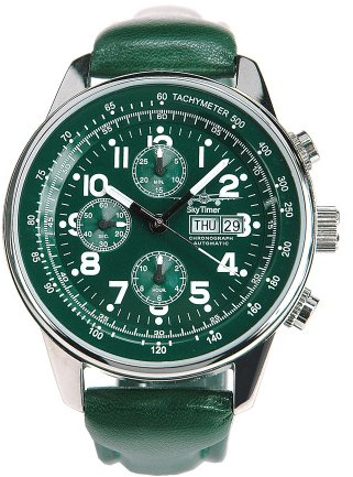 SkyTimer 503235004 Youngster Fliegeruhr grün - Chronograph, Automatik, Edelstahlgehäuse, Glasboden, 5 ATM wasserdicht, Lederband
