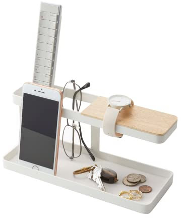 YAMAZAKI 2299 Tower Tisch-Organizer, weiß, Stahl/Holz, Minimalistisches Design, 24,5 x 9,7 x 11,3 cm (LxBxH)