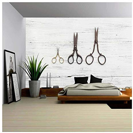 wall26 - Three Scissors on White Wooden Table - Removable Wall Mural | Self-Adhesive Large Wallpaper - 100x144 inches