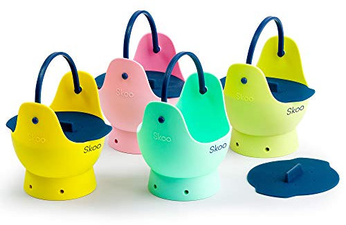 Egg Poacher - Skoo Silicone Egg Poaching Cups + Lids - Egg Cooker Set - Perfect Poached Egg Maker - For Stove Top, Microwave and Instant Pot (Green, Red, Yellow, Turquoise, Dark Blue)