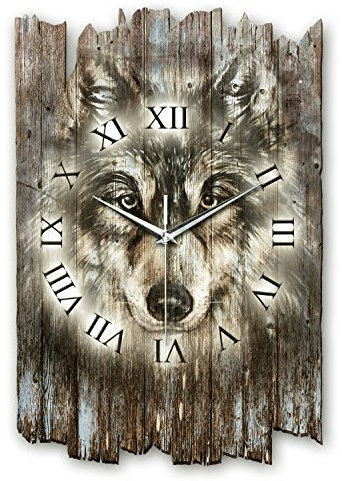 Kreative Feder Designer Wanduhr „Wolf“ aus Holz 40x27cm im Shabby Style Design - Designeruhr mit flüsterleisem Uhrwerk ohne Ticken (Wolf, leises Quarzuhrwerk)