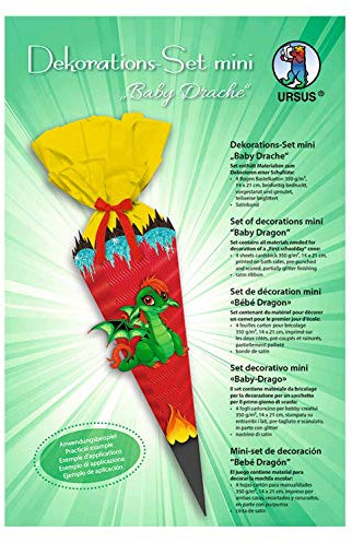 Ursus 9900002F - Dekorationsset Mini Baby Drache, 4 Bogen Bastelkarton ca. 14 x 21 cm, beidseitig bedruckt, vorgestanzt, genutet, zum Dekorieren einer Schultüte, teilweise veredelt, mit Satinband