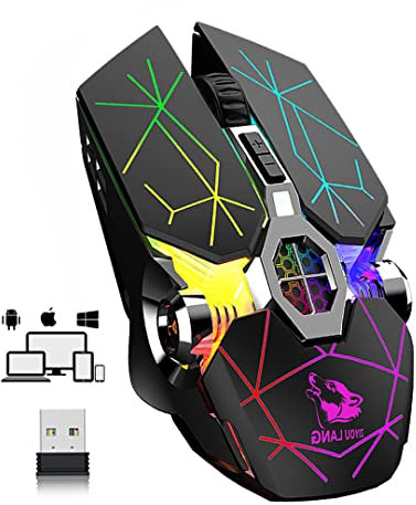 Gaming-Maus, RGB-beleuchtete Spielmäuse, Drahtlose wiederaufladbare Silent-Maus, 6 Tasten 2400 DPI für Laptop-PC Windows Mac Linux OSX-Notebook-Home-Office-Spiele Mehrere Funktionen (schwarz)