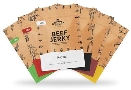 Grizzly Foods • Beef Jerky Probierpaket mit 6 Sorten (6 x 100g) • Trockenfleisch Eiweiß Snacks • Rindfleisch aus Deutschland • High Protein Snack für Gym, Fitness, Outdoor, Office