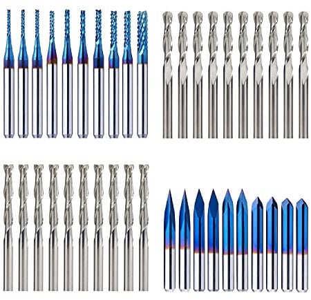 FoxAlien 1/8 Schaft CNC Gravierstichel Fräser-Kit für alle Zwecke, V-Fräser, Spiral-Schaftfräser, 2-schneidige Flach- und Kugelkopf-Schaftfräser zum Fräsmaschinen