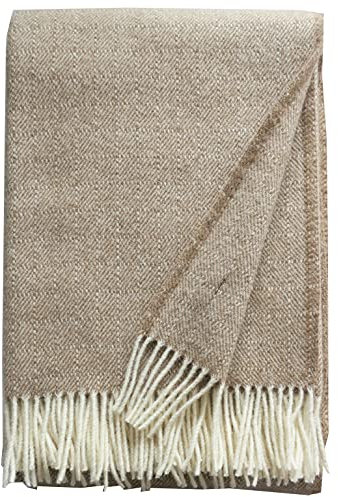 Plaids & Co Lange Wolldecke mit feinem Karo aus 100% neuseeländischer Schurwolle Ökotex 100, ca 220x130cm mit Fransen (Camel braun)