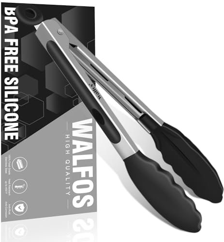 Walfos Pince de cuisine – Résistante à la chaleur jusqu'à 250 °C, en acier inoxydable épais et embouts en silicone sans BPA, idéale pour la cuisine, les virages, les pinces alimentaires de 23 cm