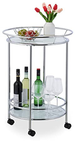 Relaxdays Servierwagen, Rollen, 2 Etagen, Flaschenhalter, Glas & Chrom, HxD 77x56 cm, runder Küchenwagen, Silber/weiß