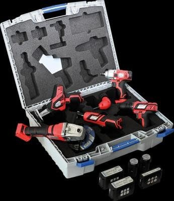 Kunzer 7AWK14 Cordless Tool Box 12 V/18 V with Ratchet, Drill and Impact Wrench, Foxtail, Angle Grinder, Batteries, Chargers, 14 Pieces