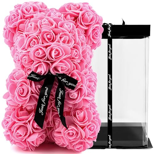TJC Rose Teddy Bear Flower Bear with Gift Box Birthday Romantic Valentines Gifts for her Girlfriend Love Friends Wife Fiancée PE Material with Bow Tie Everlasting Forever Pink