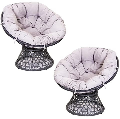 Signature Homes and Gardens SH&G Rattan Swivel Chair 2 Seat Set | 360 Papasan Moon Chairs | Grey Rattan with Grey Cushions | Indoor & Outdoor