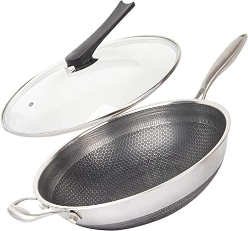 CATHYLIN Wok Pan Stainless Steel Stir-fry Wok with Lid 13 Non Stick Skillet with Stay-cool Handle PFOA Free Suitable for Induction, Ceramic, Electric, and Gas Cooktops