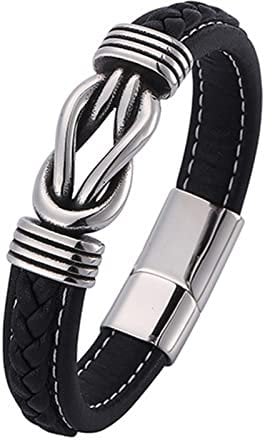 Skcess Lederarmband Herren Silber，Kettenarmbänder Lederarmband Mit Quadratischem Knoten Rostfreier Stahl Armbänder Männer 16.5cm