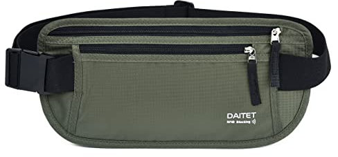 DAITET Geldgürtel – Reisepasshülle mit RFID-Blockierung, verdeckte Bauchtasche, Schwarz, Dunkles Olivgrün, RFID-blockiert und Gürtelbreite: 3,7 cm