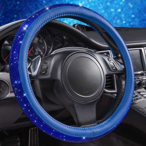 CAR PASS Bling Diamond Leder-Lenkradbezug, mit Glitzernd Kristall Strasssteine, Universal Auto Radschutz für Damen und Herren, passend für SUVs, Vans, Limousinen, LKWs(Blau)
