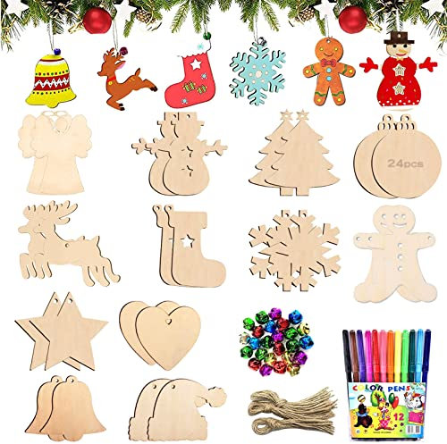 Colgante de madera para decoración de Navidad, 90 Piezas Colgantes de decoración navideña de madera, Adornos para árboles de Navidad de madera, Manualidades navideñas DIY, Adornos navideños colgar