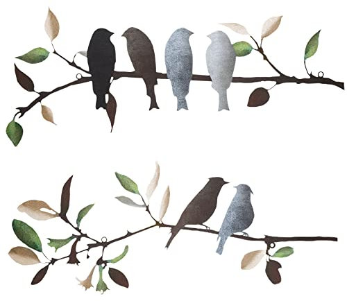 Demissle Wanddeko aus Metall, Vögel auf Zweigen mit Blättern, rustikale Wandkunst, wasserdichte Metallschilder für Zuhause, Balkon, Garten, Innen- und Außenbereich, Retro-Farben, 2 Stück