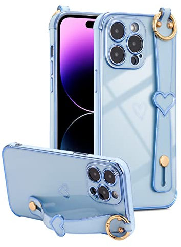 ZTOFERA Compatible with iPhone 13 Pro Case with Wrist Strap, Flexible Silicone Protective Phone Case with Cute Heart Pattern Stand Handle Finger Holder Plating Trim Shockproof Cover, Sierra Blue
