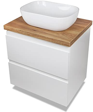 VBChome Badmöbel 50 cm Weiß Aufsatzwaschbecken 48x35 cm Aufsatzwaschtisch mit Waschbeckenunterschrank 2 Schubladen Moduo Badezimmerschrank