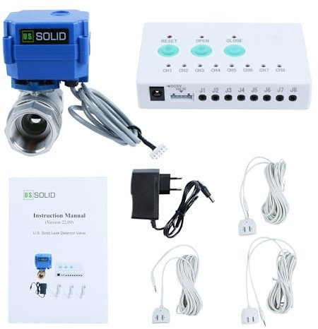 U.S. Solid Detector de Fugas de Agua - Sistema Detector Alarma Fugas Agua con válvula de Bola motorizada de Acero Inoxidable de Cierre automático de 1, Controlador, 3 sensores, Alarma de Sonido