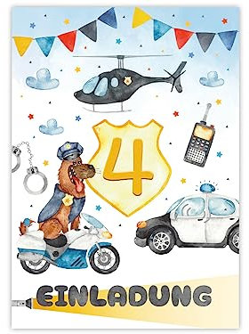 Minkocards 12 Einladungskarten zum 4. Kindergeburtstag Junge Polizei Detektiv Einladungen zum vierten Geburtstag Kinder bunte Geburtstagseinladungen