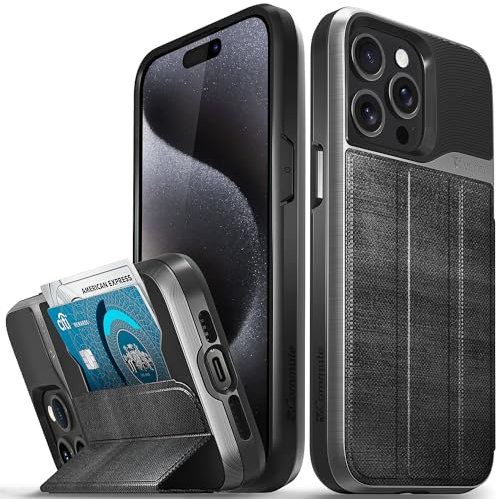 VENA vCommute for iPhone 15 Pro Max Wallet Case, [Military Grade Drop Protection] Flip Leather Cover Card Slot Holder with Kickstand - Black Slate