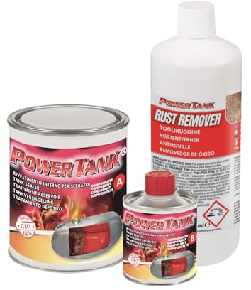 POWER TANK - Trattamento Serbatoio Moto (20/25 Litri) Kit Medio Medium 700 gr per Interno Serbatoi Benzina Elimina la Ruggine Ripara Protegge Arrugginito da Moto di Auto d'Epoca con Antiruggine