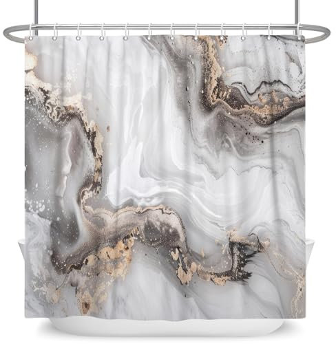 ASDCXZ Marmor Duschvorhang Grau 180x200 cm, Modern Abstrakt Grau Weiß Gold Verlauf Marmor Optik Textur Waschbar Bad Duschvorhänge Polyester Textil Wasserdicht Duschvorhang für Badewanne mit 12 Haken