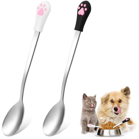 Lot de 2 cuillères en acier inoxydable pour chien et chat - Pour nourriture humide - Long manche - Pour nourriture humide - Pour chien et chat - Blanc et noir