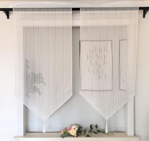 Vordesack Lot de 2 panneaux jacquard avec pompon - Rideau brise-bise court avec motif brodé à rayures - Avec cordon de serrage - 60 x 45 cm (H x l) - Rayures