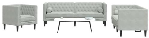 Willood 3-TLG. Chesterfield-Sofa-Set mit Nackenrollen Sofagarnitur mit Kissen, Sitzgruppe für Wohnzimmer, Polstersofa Couch Sessel Hellgrau Samt