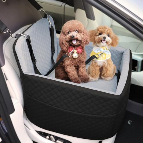Petcozife Hunde Autositz für Kleine & Mittlere Hunde, Hundesitz Auto Rückbank für Unter 15 KG, Abnehmbar und Waschbar Hundeautositz mit Dickem Kissen, 2 Sicherheitsleinen (Schwarz+Grau)