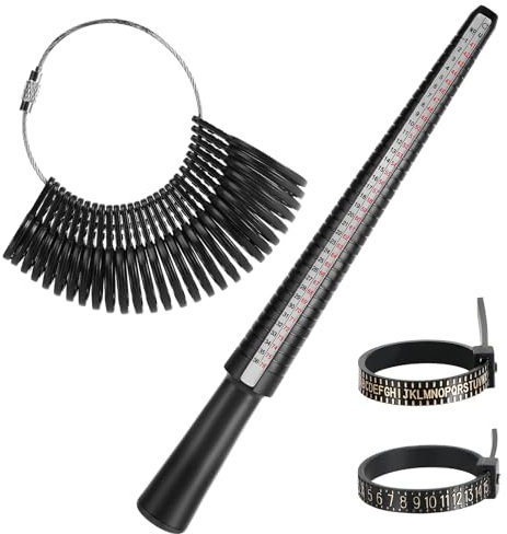 Ringgrößenmesser Set, Ringmaßband Ringschablone, Ringstock Ring Sizer Messskalen zum Messen von Ringdurchmessern, Größenstandard UK, EU, USA und Schweiz