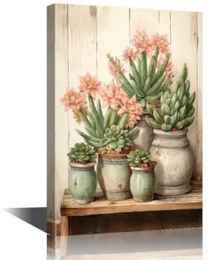 TISHIRON Pink Flowers and Green Succulent Plants Painting Artwork Flowers in Pot Pictures for Living Room Wall Decoration Botany Canvas Printing Wall Art Wall Decor for Bedroom 12 Wx18 Hx1 Panel