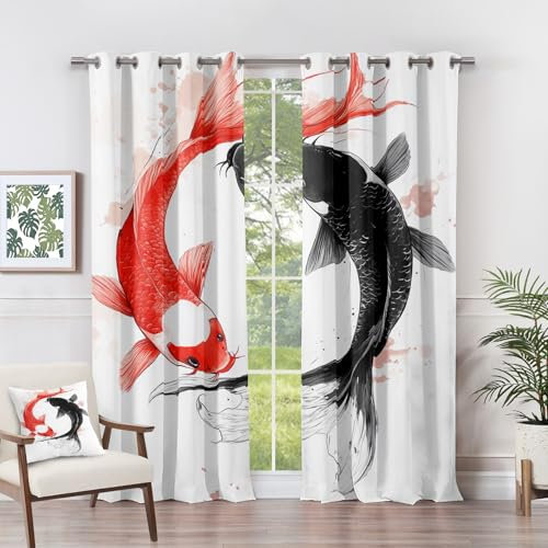 Vorhänge Koi Fisch - Yin Yang Zen Aquarell Fenster Gardinen mit Ösen, Vorhang Blickdicht Verdunklungsvorhänge Thermovorhang für Wohnzimmer Schlafzimmer Deko 2er Set, H 160 x B 140 cm P#-224
