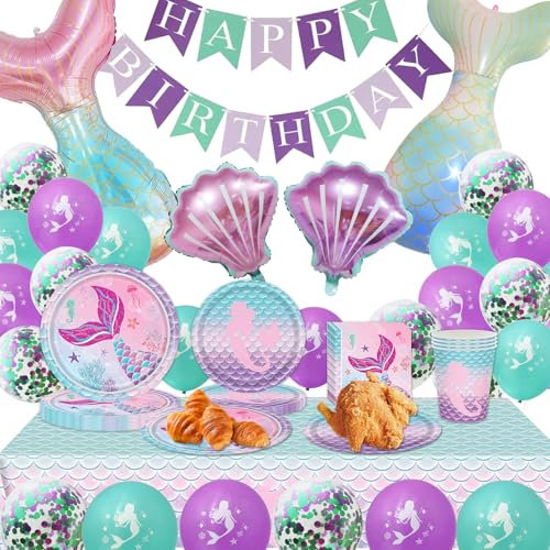 Meerjungfrau Geburtstag Partygeschirr Set, 129 Meerjungfrauen Pappteller Kindergeburtstag Set, Geburtstagsdeko Mädchen mit Luftballons, Meerjungfrau Geburtstagsdeko Party Tischdecke Deko 24 Gäste