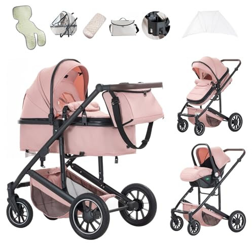 Lnhcrbs Passeggino 3 in 1,Passeggino da Viaggio,Rosa-Set Passeggino e Seggiolino Auto, Passeggino Fronte Mamma con Zanzariera Parapioggia, Maniglia Regolabile, Telaio in Alluminio,0-4,22Kg