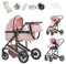 Lnhcrbs Kinderwagen 3 in 1,Rose - Baby Born Kinderwagen Und Autositz Set, Buggy Kinderwagen mit Verstellbarem Griff, Schlafkorb&Tragetasche mit Fußabdeckung, Baumwollpolster,Moskitonetz, Regenschutz
