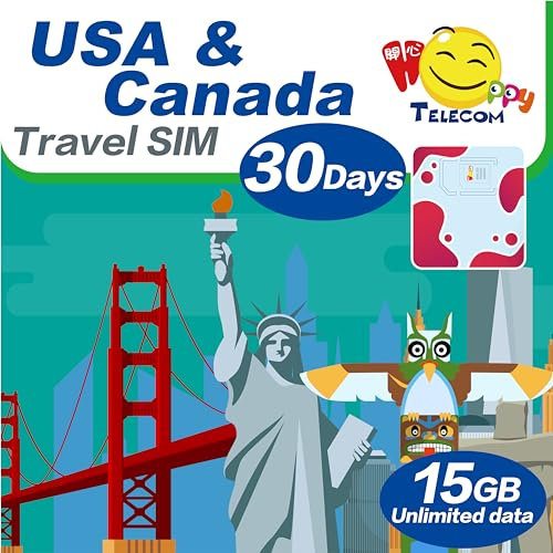 Happy 5G USA and Canada 30 Days Unlimited Data Travel Sim Card (excludes Alaska & Guam) | 15GB of 5G High-Speed Data Then 128kbps | Easy Activation | No Need Registration