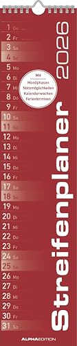 Alpha Edition - Streifenplaner Rot Kalender 2026 – 11,3x49,5 cm –Wandplaner für Haushalt, Büro & Familie – Praktischer Küchenkalender in kräftigem Rot – Mit Feiertagen (DE/AT/CH) & Mondphasen