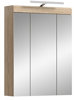 furnling Badezimmerspiegelschrank Laurent, Spiegelschrank mit Beleuchtung, 3 Spiegeltüren, 9 Fächer, Badschrank, 60 cm breit, Sonoma Eiche hell