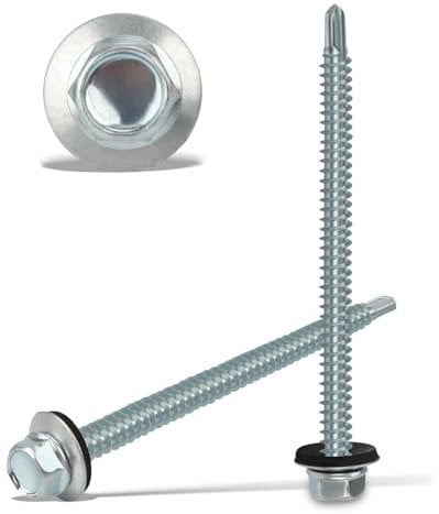 50PCS Roofing Screws with Rubber Washers 6.3x100mm Hex Head Self Tapping Screws Tech Screw for Metal Zinc Plated Corrugated Roofing Cladding Steel Screw for Tin Roof