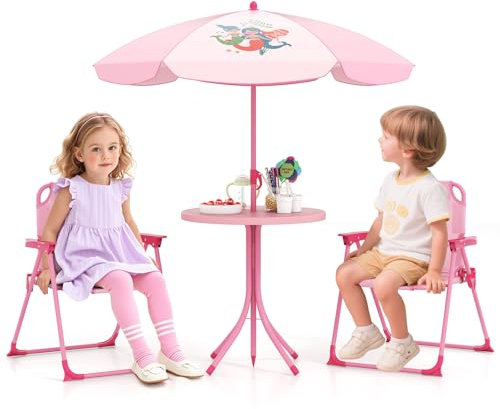 COSTWAY Juego de Mesa y Silla Infantil de Jardín con Sombrilla Ajustable, Juego de Picnic para Niños, Mesa de Actividad Exterior Infantil con 2 Sillas Plegables para Niños de 3-6 Años (Rosa)