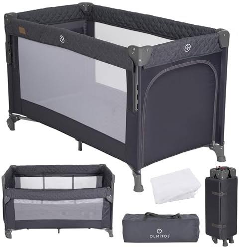 Olmitos - Cuna de Viaje Colecho 3 en 1 Trend Cun con Mosquitera 0-3 años (0-15kg) Plegable, Ligera, Doble Altura, Lateral Abatible, Parque de Juegos y Bolsa de Transporte (Gris Oscuro)