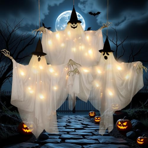 Easy Joy 3er-Set 70cm Halloween Deko leuchtende Geister | Halloween Deko mit 3 leuchtenden Geistern je 70 cm, zum Aufhängen für Halloween Party, Garten und Deko innen