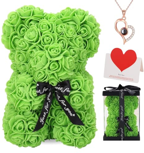 Rose Bear with Bouquet and Gift Box, 10 Inch Artificial Flower Teddy Bear, Romantic Anniversary, Christmas, Wedding and Birthday Gift (Green)