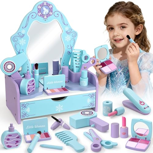 Atoylink Eiskönigin Schminktisch Kinder für Mädchen, 12-Teiliges Schminkset mit Kinderschminke Set & Friseur Set, Frozen Schminke Holzspielzeug, Eiskönigin Spielzeug Geschenk für Mädchen ab 3 Jahren