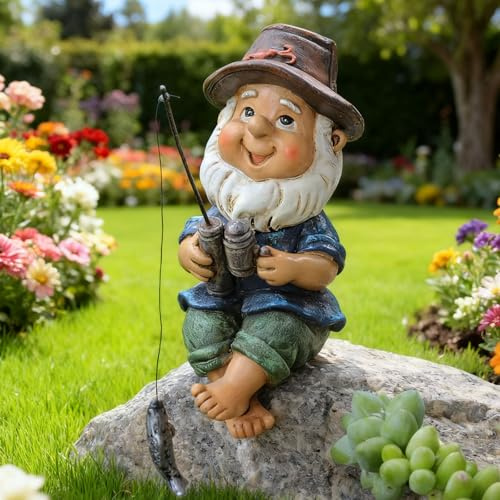 Zuxbolf Gartenzwerg Angeln Figur Wetterfest aus Harz für Garten & Miniteich | Gartendeko Aus Harz, UV- Und Wetterbeständig,Für Miniteich, Blumenbeet,Balkon, Terrasse Und Außenbereich, Geschenk Für Angler